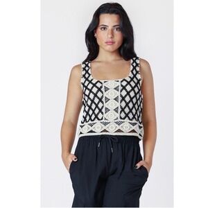 Calle Crochet Lined Tank Top Black‎ Natural Geometric Scalloped XL NEW